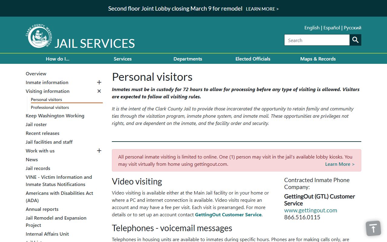 Clark County 24 hour booking jail visitors page