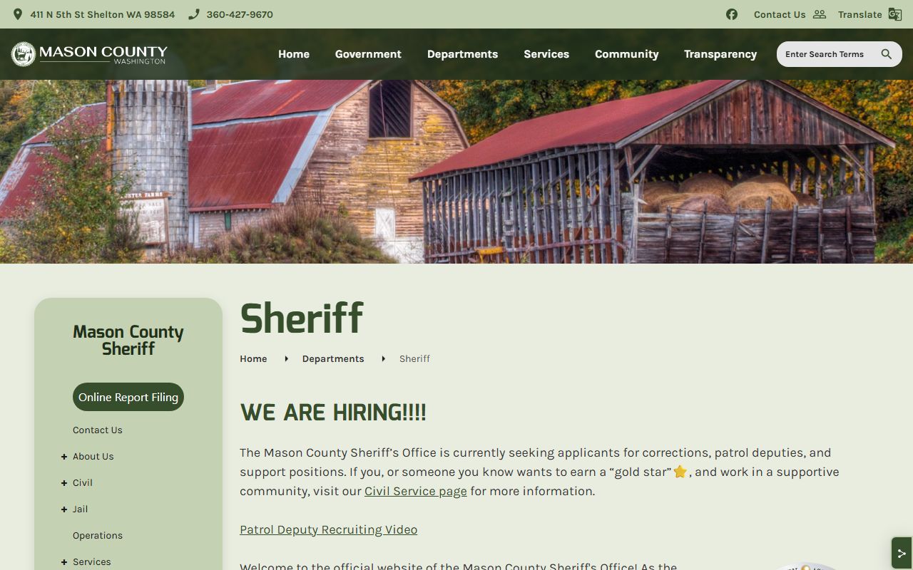Mason County 24 hour booking sheriff office page