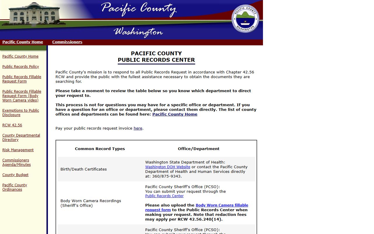 Pacific County 24 hour booking public records page