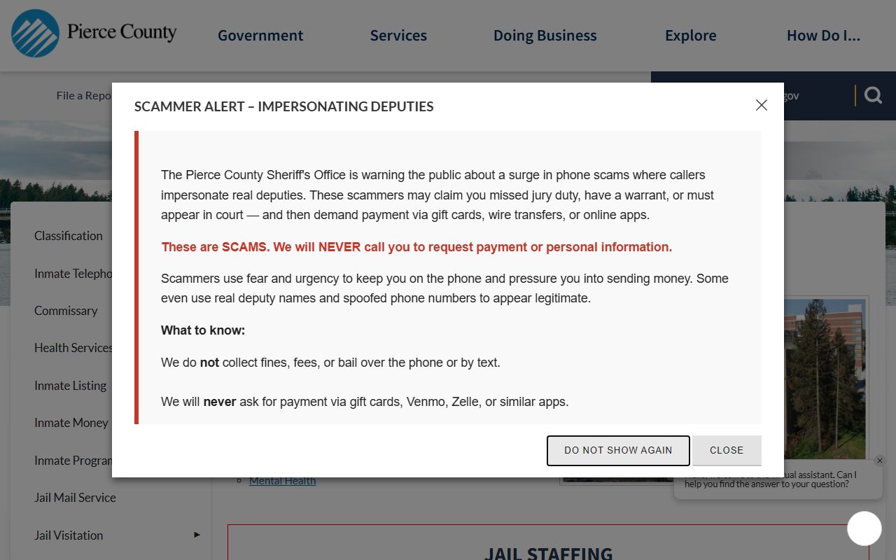 Pierce County Jail 24 hour booking facility page