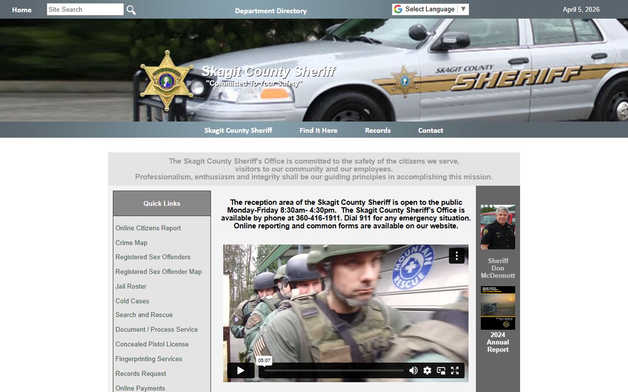 Skagit County 24 hour booking Sheriff Office page