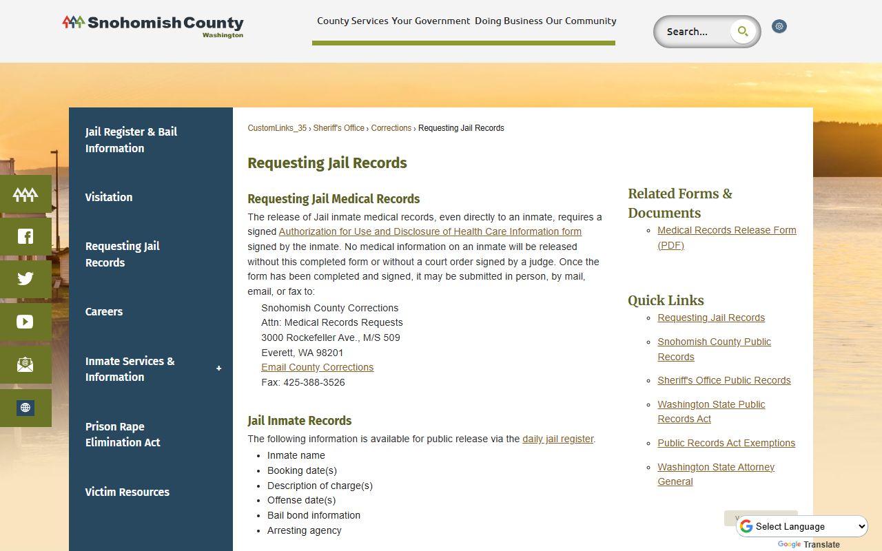 Snohomish County 24 hour booking jail records request