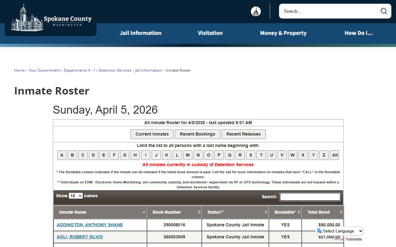 Spokane County 24 hour booking inmate roster