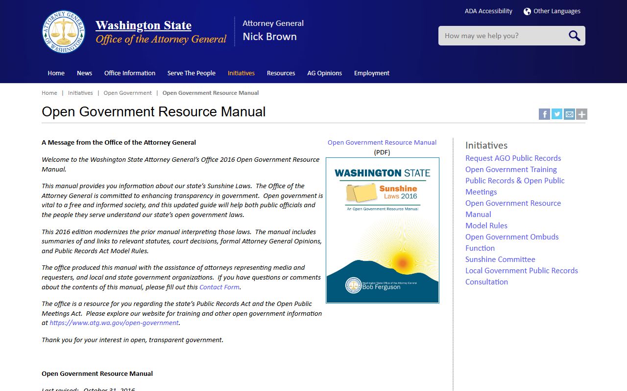 Washington Attorney General Open Government Resource Manual for 24 hour booking records