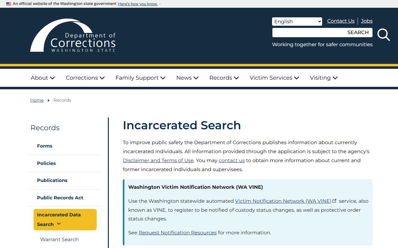 Washington State DOC Incarcerated Search for 24 hour booking records