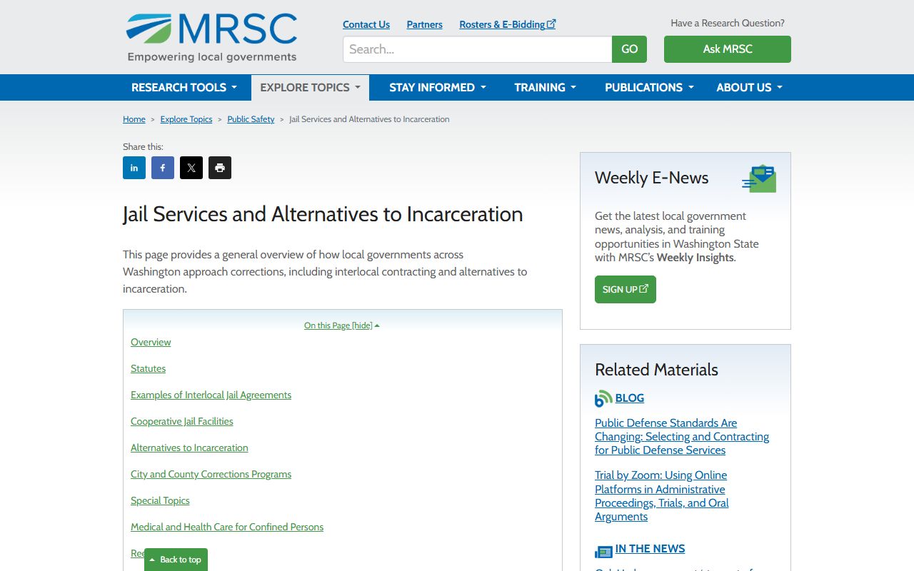 MRSC jail services and 24 hour booking guide for Washington