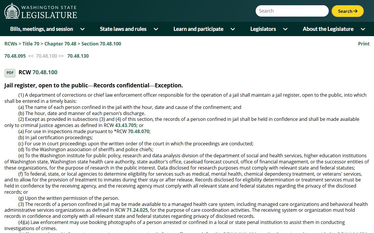 RCW 70.48.100 Washington jail records and 24 hour booking law